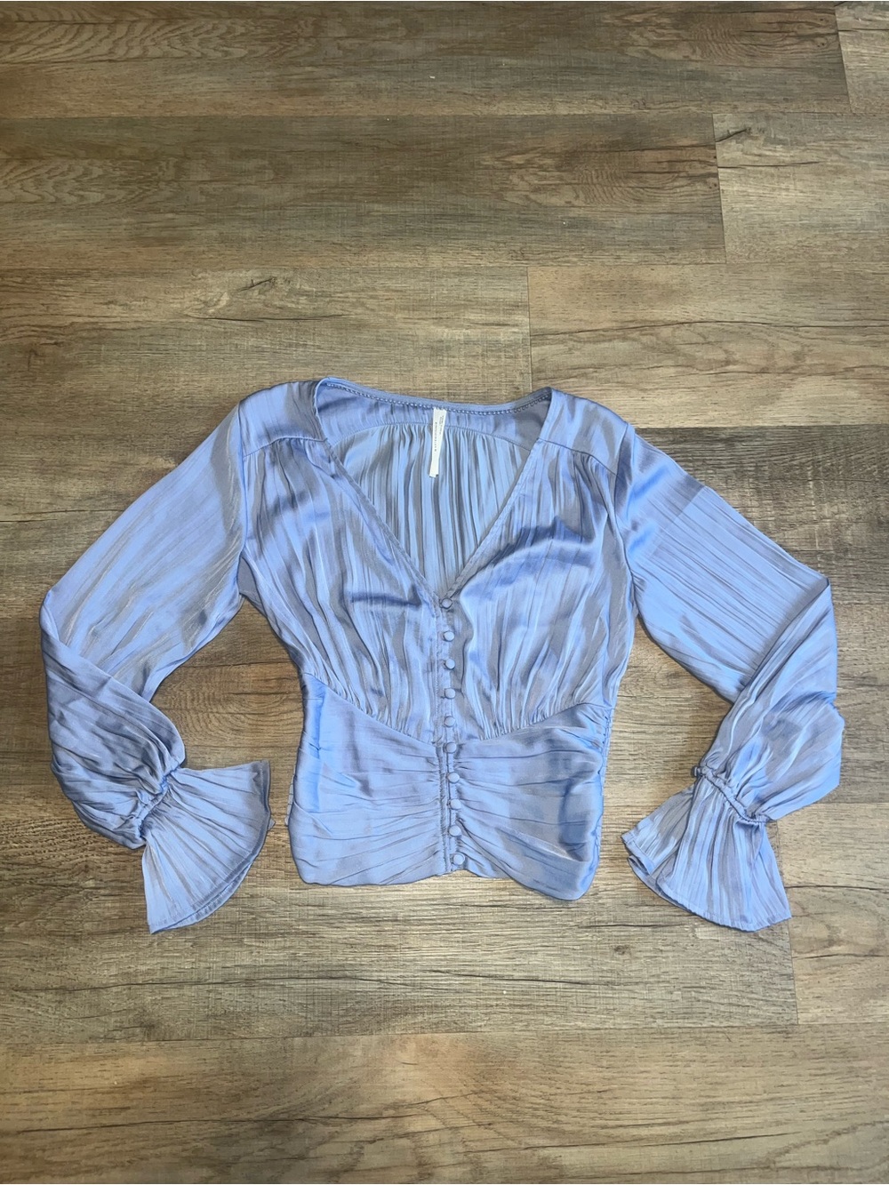 Anthropologie Light Blue Satin V-Neck Button Front Women's Top Size XS